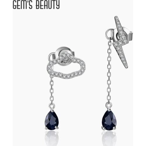 GEMS BEAUTY 925 Sterling Silver Blue Sapphire Gemstone Dangle Earrings Clouds Rain Lightning Natural Power Earrings For Women