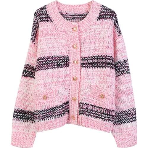 2020 Runway Winter Christmas Pink Striped Embroidery O-neck Single Breasted Cardigans Brand Design Knit Oversize Coat Clothes