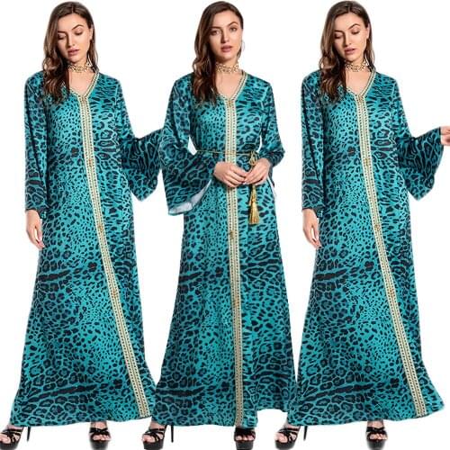 Leopard Print Muslim Long Dress Women Casual Loose Abaya Islamic Leopard Print Maxi Robe Gown Ramadan Dubai Kaftan Belt Dress