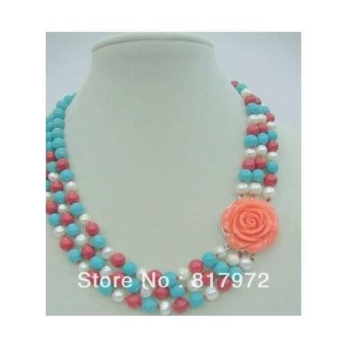Woman 3 rows necklace light blue red bead white pearl natural freshwater pearl mixed necklace flower clasp