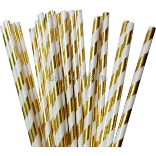 100pcs Eco-friendly Foil Gold Stripe Paper Straws For Wedding Party Kids Birthday Party Decoration Supplies
