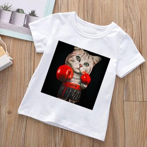 2021 Children T Shirts Cartoon Print Boxing Cat Kids Baby Boy Tops Short Sleeve T-Shirt Summer Tee Toddler Girl Shirts Girls Top
