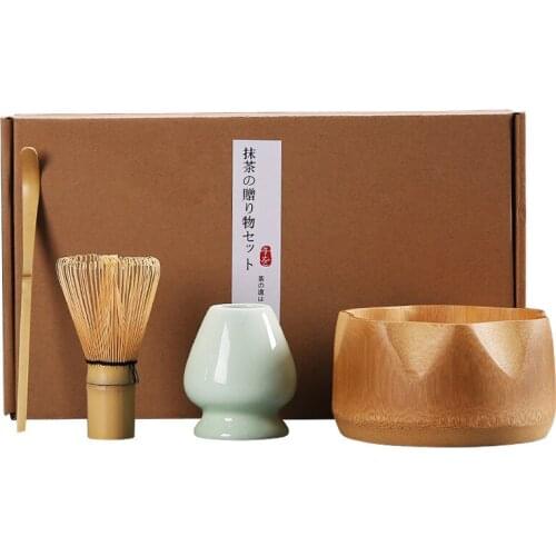 4pcs/set Traditional Matcha Gift Set Bamboo Matcha Whisk Spoon Ceramic Matcha Bowl Whisk Holder Japanese Tea Sets With Gift Box