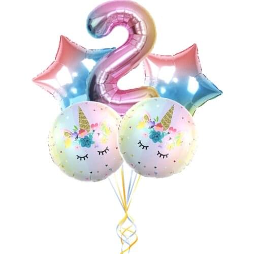 5pcs/set Unicorn Rainbow Gradient Color Digital Balloon Five-pointed Star Balloon Birthday Decoration and Arrangement Gift