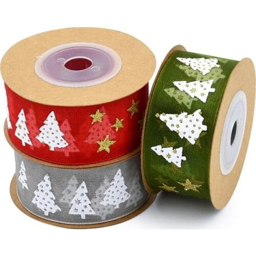 5Yards 25mm Organza Fabric Printed Christmas Tree Ribbon Trim For Packing Needlework Craft Decarotion Handcraft DIY Bow Home