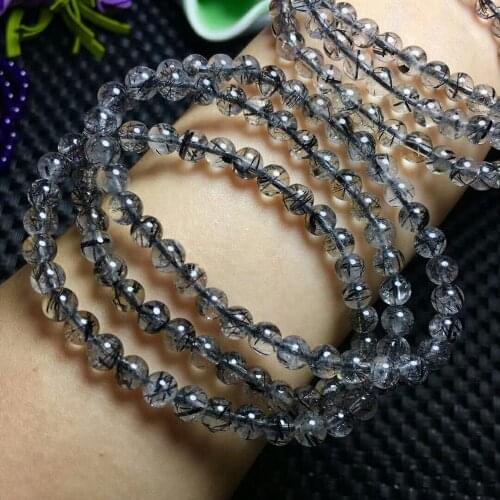 Free Shipping Natural Black Hair Rutilated Quartz Bracelet Crystal Beads AAA 6mm 3rows