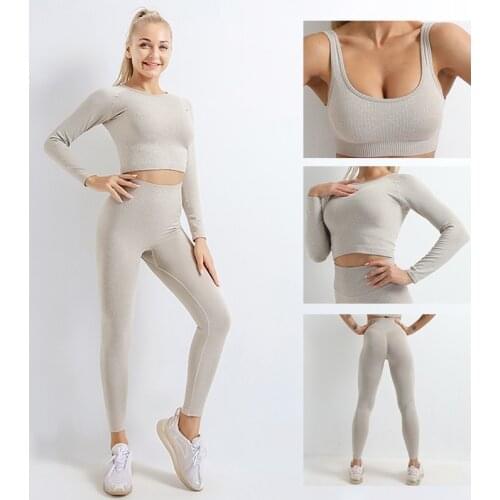 3PCS Seamless Women Yoga Set Workout Woman Sportswear Gym Clothing Fitness Long Sleeve Crop Top High Waist Leggings Sports Suits