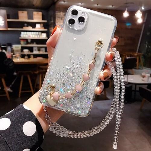 Glitter Cover with Crystal Chain Phone Case for IPhone 11 12 Pro Max 11Pro Mini XR X XS 7 8 6 6S Plus SE 2020 Cases Coque Fundas