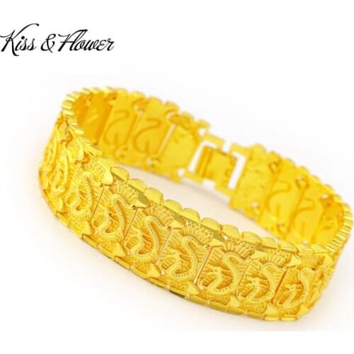 KISS&FLOWER BR130 Fine Jewelry Wholesale Fashion Man Boy Birthday Wedding Gift Majestic Wide Dragon 24KT Gold Chain Bracelet