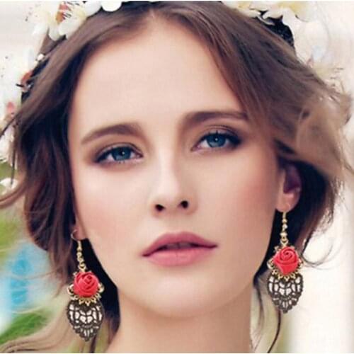 Black Lace Red Satin Rose Flower Earrings Fashion Women Dangle Ears Piercing Jewelry Accessory Hook Ball Party Bridal Lolita