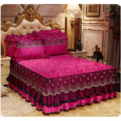 Europe Style Rose Red Velvet Lace Princess Bedding Bedspread Pillowcase 1/3pcs Thick Quilted Home Bed Skirt Sheet Mattress Cover