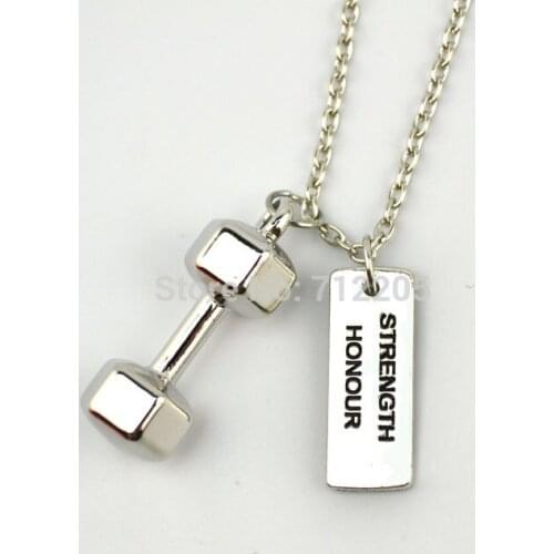 Dumbbell barbell with Strength Honour chain necklace Fitness weightlifting Gym necklace (A1183)