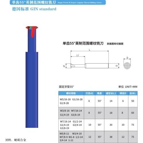 KLOT HRC60 TiCN Coated Solid Carbide 1 Tooth Thread Mill 55 Degree Milling cutter