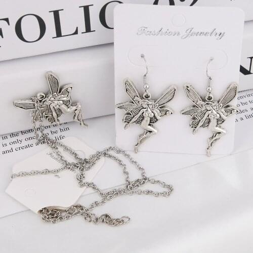 Vintage Angel Fairy Necklace Earring Sets For Women Men Retro Classic Trendy Style Antique Silver Necklaces Earrings Jewelry Set