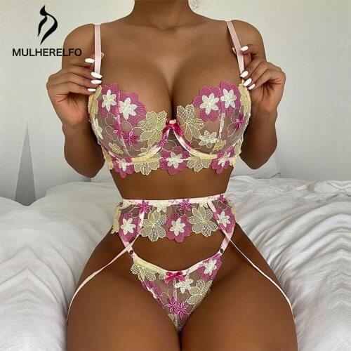 Flower Embroidery Patchwork Lingerie Set Women Underwear Sexy Lace Bralette Female Push Up Underwire Bra Brief Garter 3Pcs Set