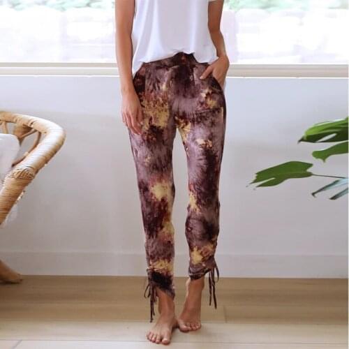 Fashion Women Spring Autumn Pencil Pants Shrinkage Drawstring Design Pockets Decor Elastic Mid Waist Print Slim Long Trousers