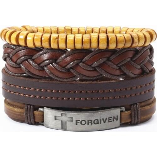 Handmade woven 3-4 Pcs/set Black Brown Skull Head Cross Forgiven Words Charm Men Leather Bracelets Women Femme Homme Jewelry