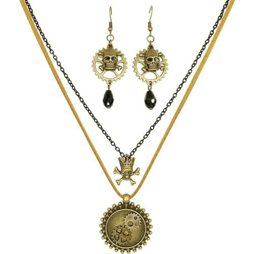 Suede and Chain Double Rows Skull Queen and Round Gears Pendant Steampunk Necklace Earring Set
