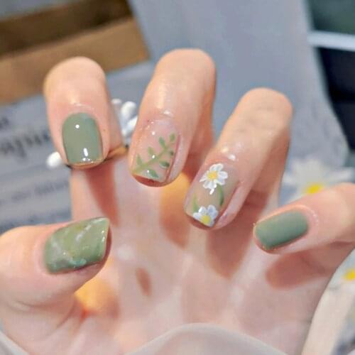 24pcs Hot Summer Fresh Flower Round/Stiletto False Nails Wearable Ballerina French Fake Nails Full Cover Nail Tips Manicure Tool