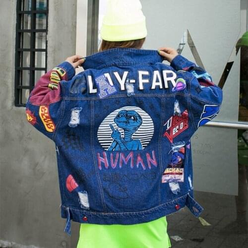 2020 Fashion The New Loose Graffiti Printing Hole Wild Denim Jacket Free Shipping