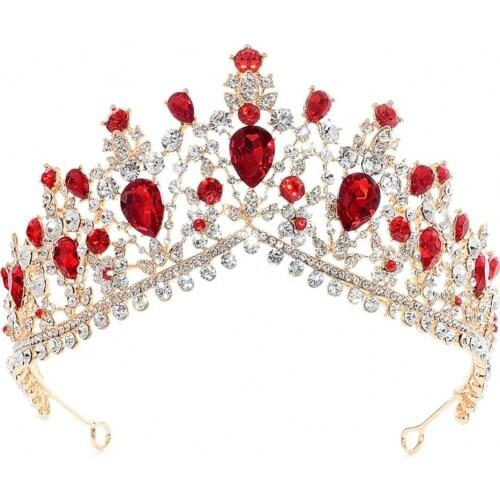 New Drop Green Red Blue Crystal Tiaras Vintage Gold Rhinestone Pageant Crowns With Comb Baroque Wedding Hair Accessories Princes