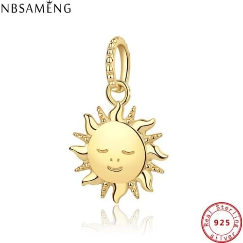 Original 100% 925 Sterling Silver Bead Charm Sun Pendant Gold Color Charms Pave CZ Fit Pandora Bracelets Necklaces Women Jewelry