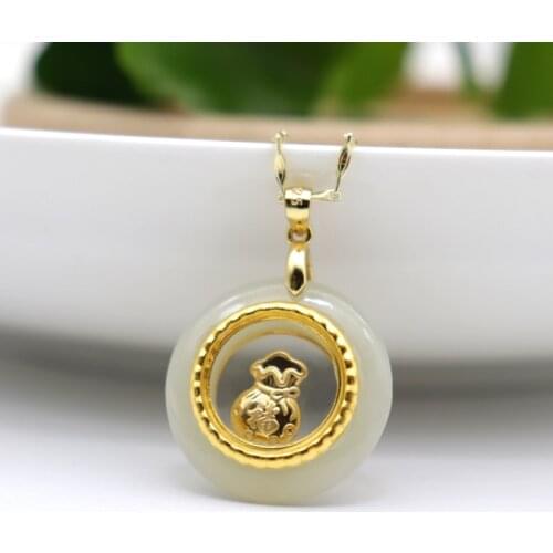 Natural Hetian Jade 24K Gold Necklace Vogue Circular Hollow Rotate Money Come Into Bag Pendants Chalcedony Amulet Women Jewelry