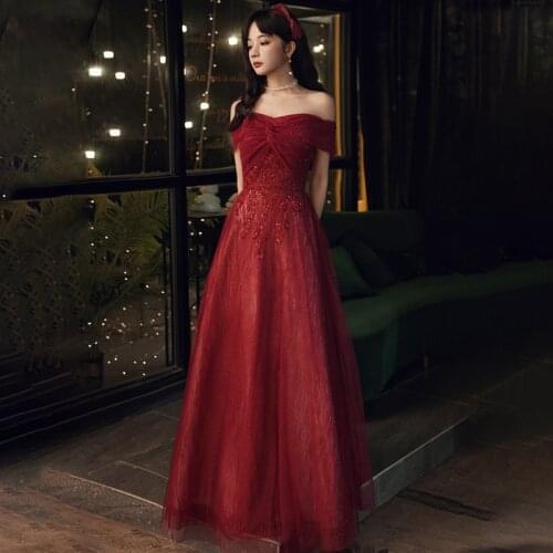 Special Occasion Dress Illusion V-Neck Short Off The Shoulder Sequined Beading Pleat A-Line Luxury Burgundy Women Prom Gown E902