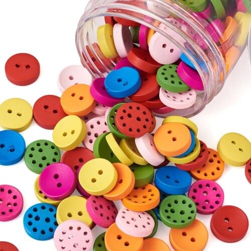 235Pcs Wooden Flat Round Buttons 2-Hole 7 Colors Circular Wood Decorative Button 15mm for Sewing DIY Crafts Ornament Clothing