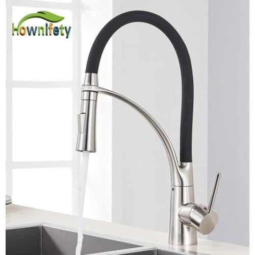 Brushed Nickel With Rubber Design Kitchen Faucet Pull Down 2 Modes Hot Cold Mixer Crane Tap Deck Mount