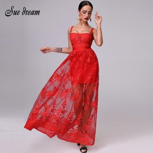 Sexy Red Lace Womens Bandage Dress Autumn 2020 Spaghetti Strap Bodycon Club Long Perspective Fashion Party Christmas Dress
