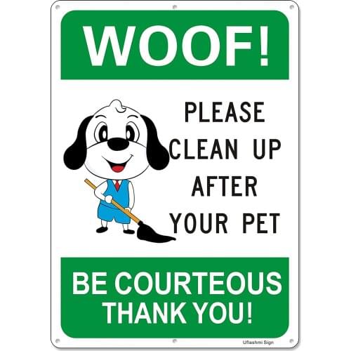 Uflashmi WOOF! Please Clean up After Your Pet Sign Metal, Pick up Your Dog Poop Signs for Yard, 10X14 in