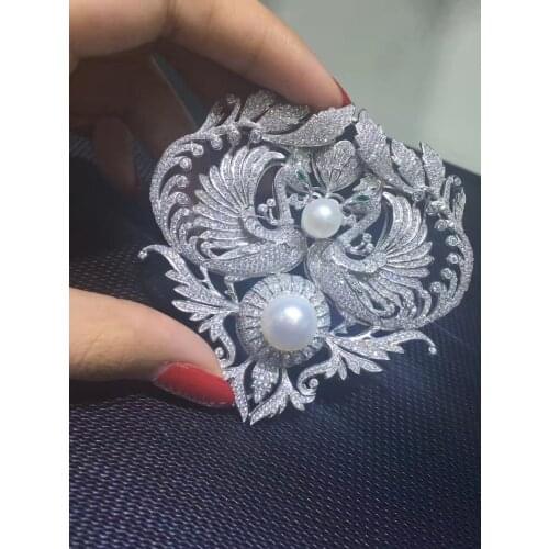 Victoria Natrual fresh water pearl brooch pins double Phoenix brooch pins 925 sterling silver with cubic zircon fashion jewelry