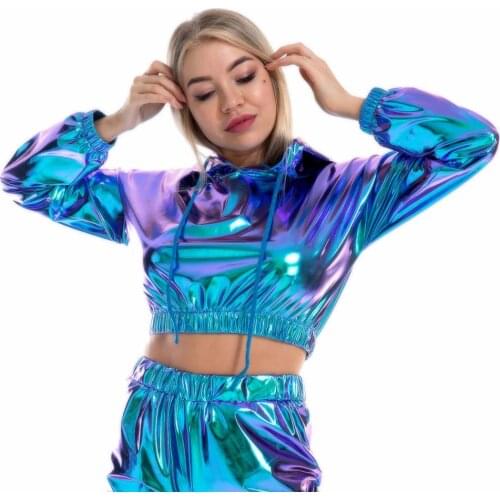 Pole dance rave clothes holographic clothes women crop hoodies metallic jacket rave costumes hip hop tops sexy night club shirt