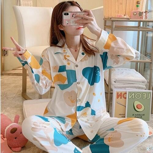 Fdfklak Spring autumn pyjamas women long sleeve home clothes print cute cartoon pajamas set ladies sleepwear pijama mujer