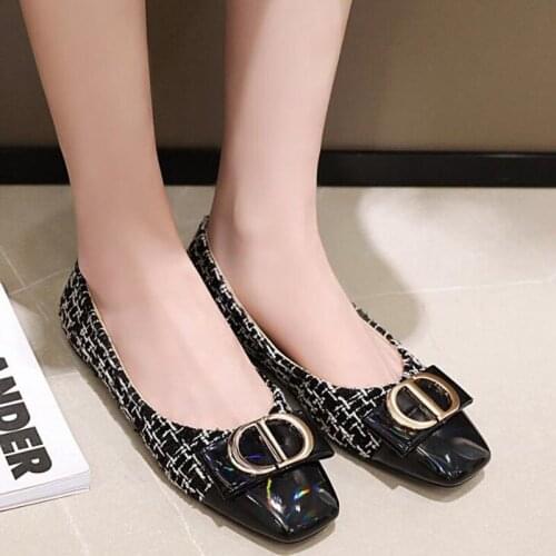 Plus Size 31-46 Loafers Women Slip-On Flats Shoes Patchwork Plaid Ballets Flats Shoes For Women Moccasins Square Toe Female Flat