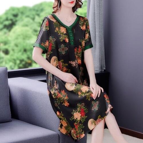 Summer Women Casual 4XL Plus Size Satin Sundress 2021 New Print Mulberry Silk Vintage Midi Dress Elegant Bodycon Party Vestidos