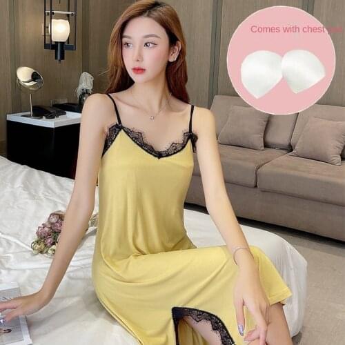 2021 Summer Womens Nightdress Ice Pit Strip with Chest Pads Long Skirt Sexy Nightgown Home Wear Female Sleepwear Lingerie
