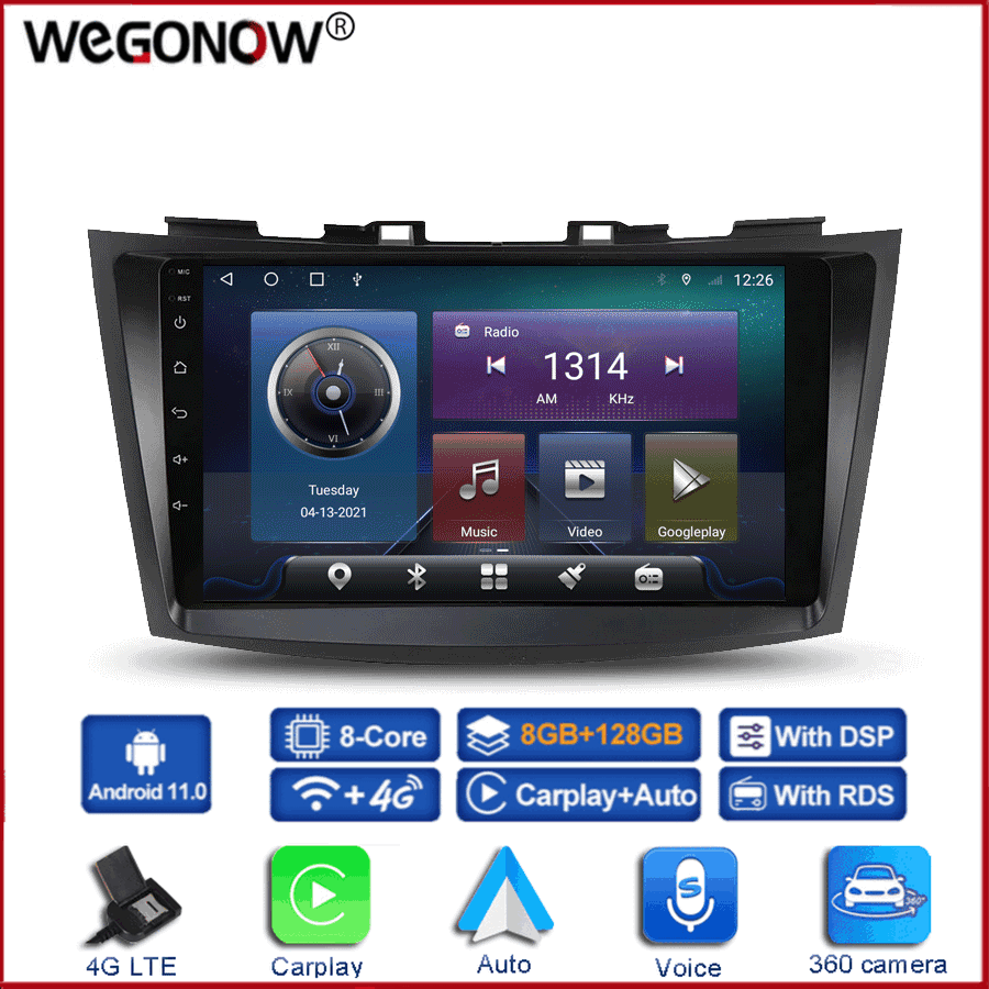 360 Panoramic Camera Carplay 6G+128GB Android 10.0 Car DVD Player GPS WIFI Bluetooth 5.0 RDS Radio For Suzuki Swift 2011 - 2015