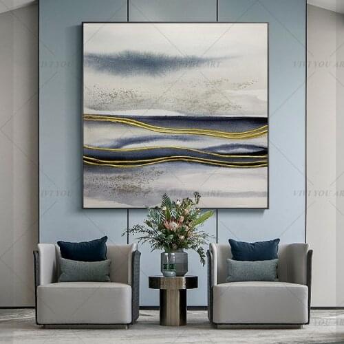 100% Handmade Gray Black Sea View Abstract Gold Oil Painting for Living Room Modern Painting wall decor picture art Gift