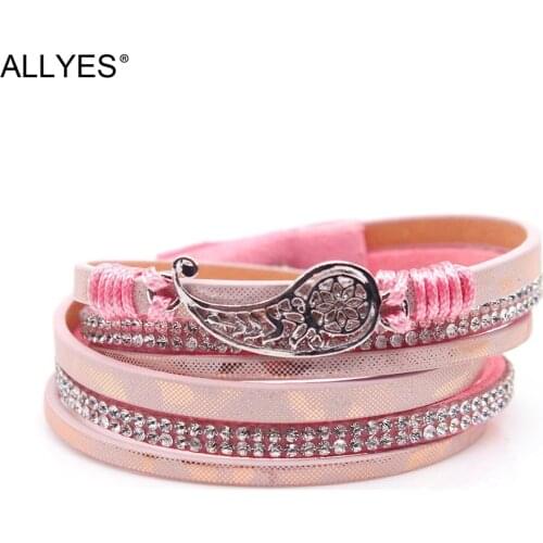 ALLYES Hollow Waterdrop Charm Leather Bracelets for Women Vintage Dreamcatcher Rhinestone Wrap Bracelet Bangle Female Jewelry