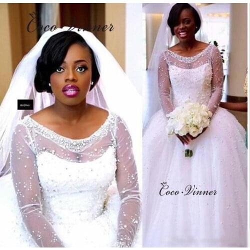 Illusion Long Sleeves Crystal Beading Ball Gown Wedding Dresses African Court Train Bridal Dress Gelinlik Wedding Gowns W0468