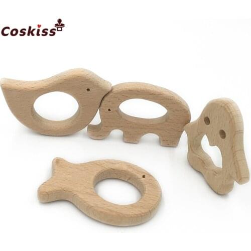 DIY Baby Teether Toys Organic Natural Beech Wooden Elephant-Bird-Fish-Penguin Hand Cut Toys Baby Wooden Teether Gift