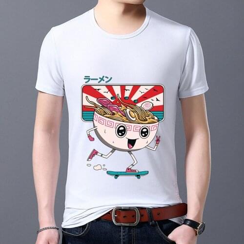 Men Tshirt Japanese Ramen Pattern Print Office Worker Commuting All-match Male Tops White O-neck Short Sleeve Tee Man Clothes