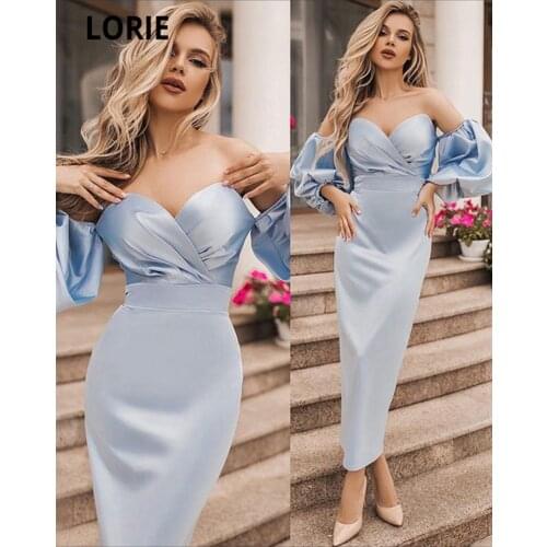 LOIRE Sky Blue Sheath Mermaid Evening Dress 2021 Off Shoulder Puffy Sleeves Ankle Length Elegant Prom Gown Custom Made