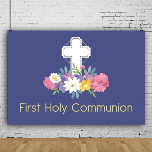Blue Theme Cross First Holy Communion Background for Kids Portrait Photography Decors Backdrops Studio Prop Accessories