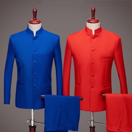 Men Suit Jacket Pants 2PCS Chinese Tunic Suit Formal Dress Single Breasted New C13