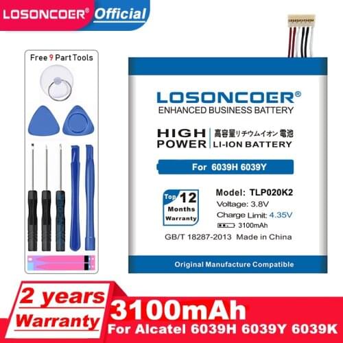 3100mAh LOSONCOER TLp020K2 High Quality Li-ion Mobile Phone Batteries for Alcatel One Touch 6039H 6039Y 6039K Battery