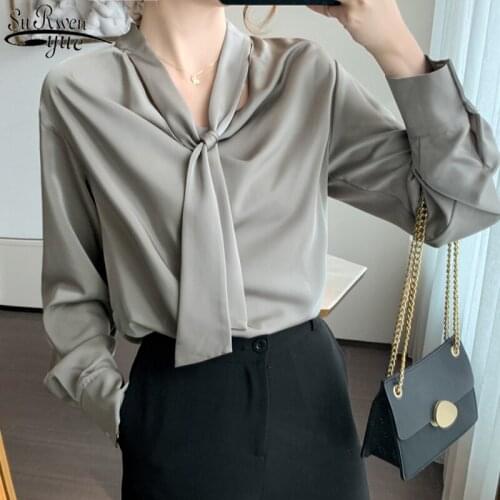 Fashion Bow V Collar Womens Shirt Gray Long Sleeve Chiffon Blouse Office Lady 2021 Autumn Korean Clothes Loose Women Tops 11545