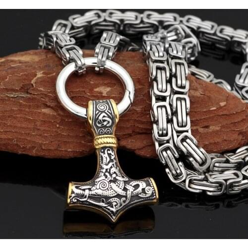 Men 316L stainless steel Thor hammer Amulet MJOLNIR Pendant necklace With Valknut Gift Bag-King chain